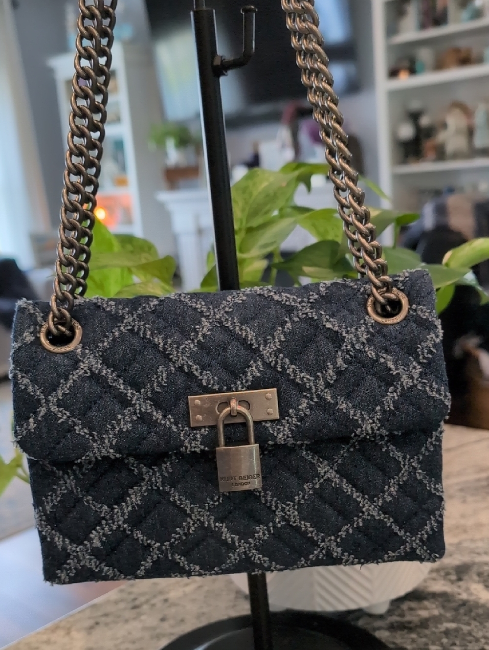 Kurt Geiger Brixton Quilted Denim Shoulder Crossbody Bag w/Gunmetal Hardware